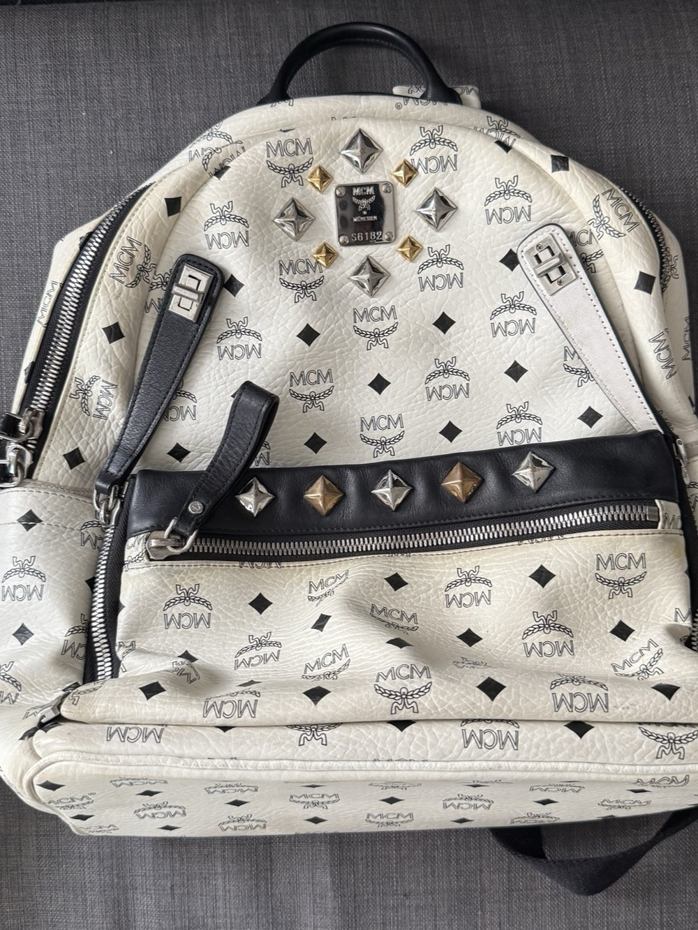 MCM Stark Studded Backpack Visetos Coated Canvas Medium White & Black